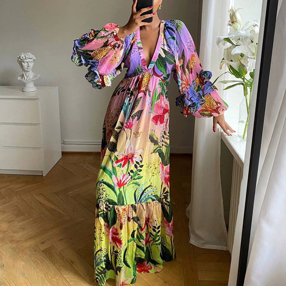 ZARA Summer Ombre Print Ruffle Neck Sexy Slimming Gown